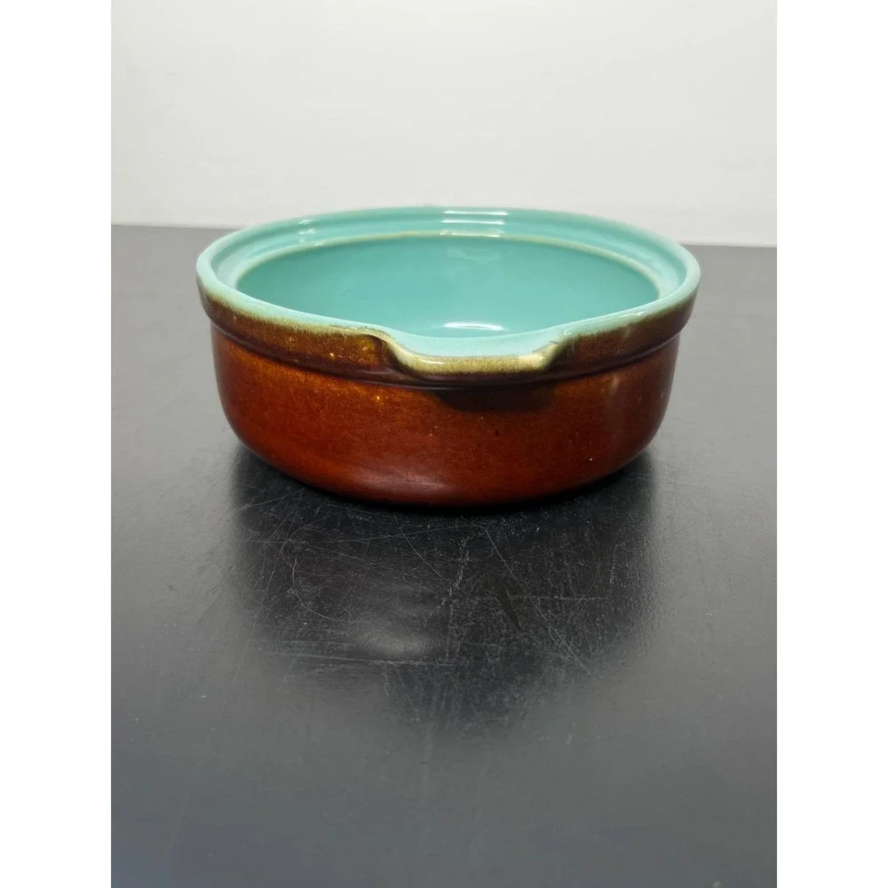 Vintage‎ Ceramic Casserole Dish Brown Turquoise MCM Single Handle 6.5in